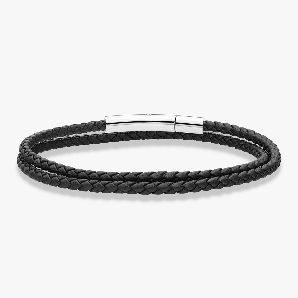 Genuine Italian Double Wrap Braided Black Leather with Stainless Steel Clasp, 3mm