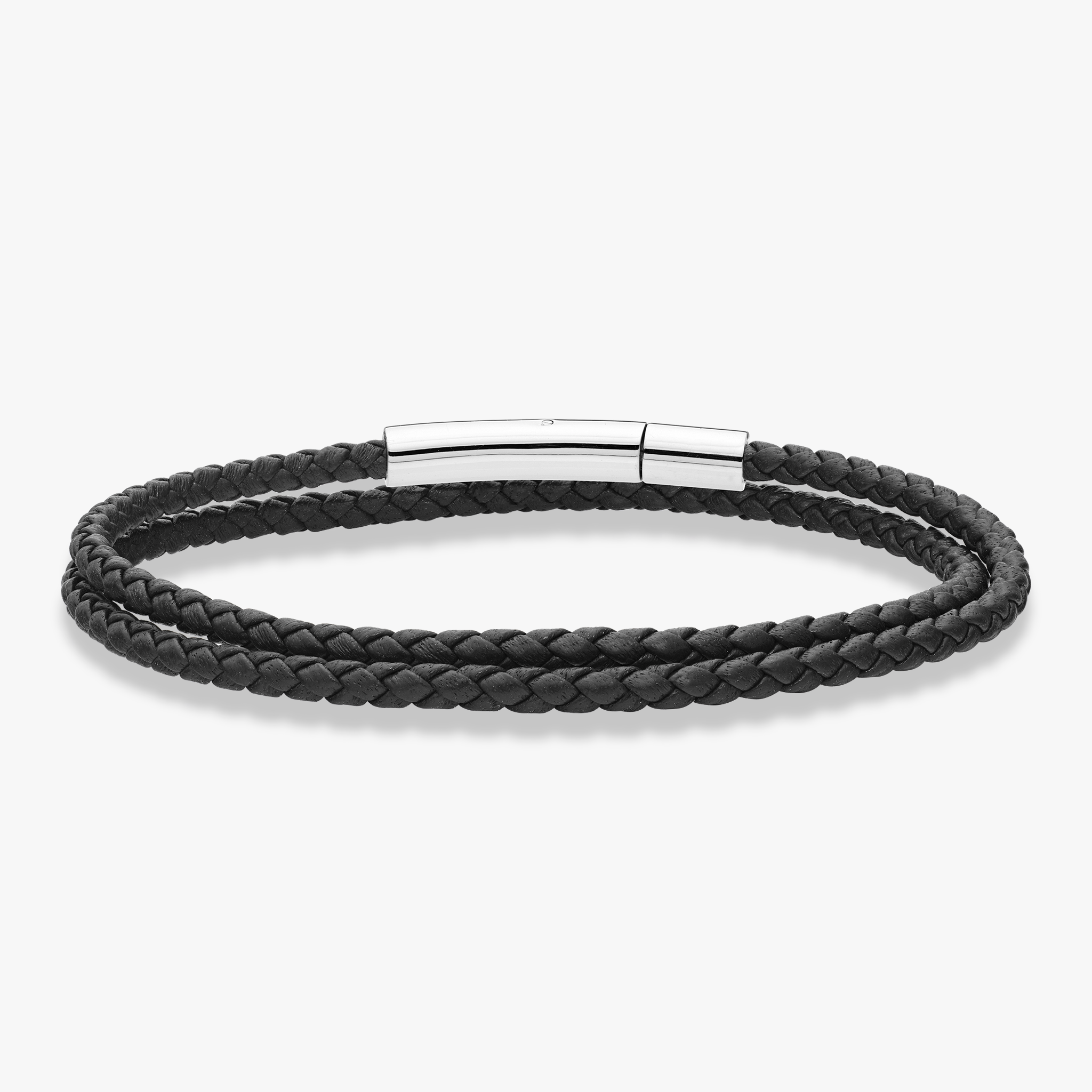 Genuine Italian Double Wrap Braided Black Leather with Stainless Steel Clasp, 3mm