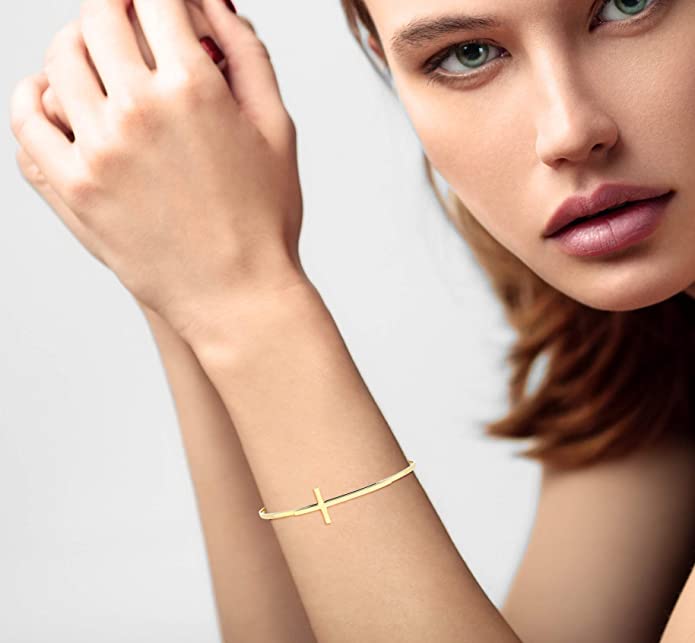 Adjustable Sideways Cross Cuff Bracelet in 18k Gold Over Sterling Silver