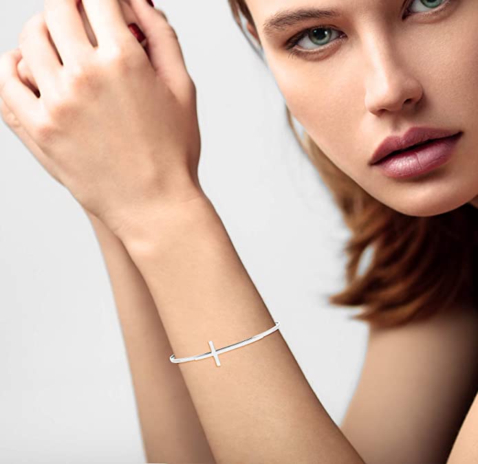 Adjustable Sideways Cross Cuff Bracelet in Sterling Silver