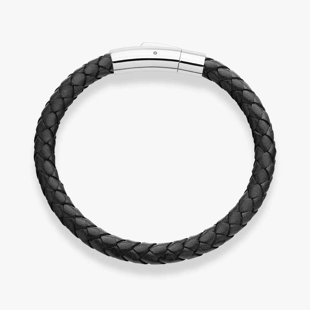 Genuine Italian Braided Black Leather Bracelet With Stainless Steel Clasp, 6mm