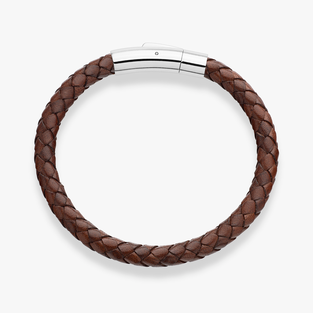 Genuine Italian Braided Brown Leather Bracelet With Stainless Steel Clasp, 6mm