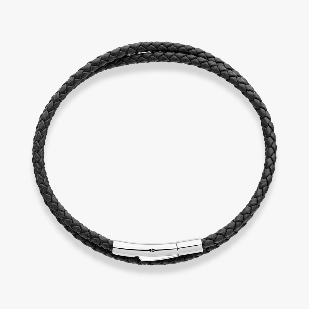 Genuine Italian Double Wrap Braided Black Leather with Stainless Steel Clasp, 3mm