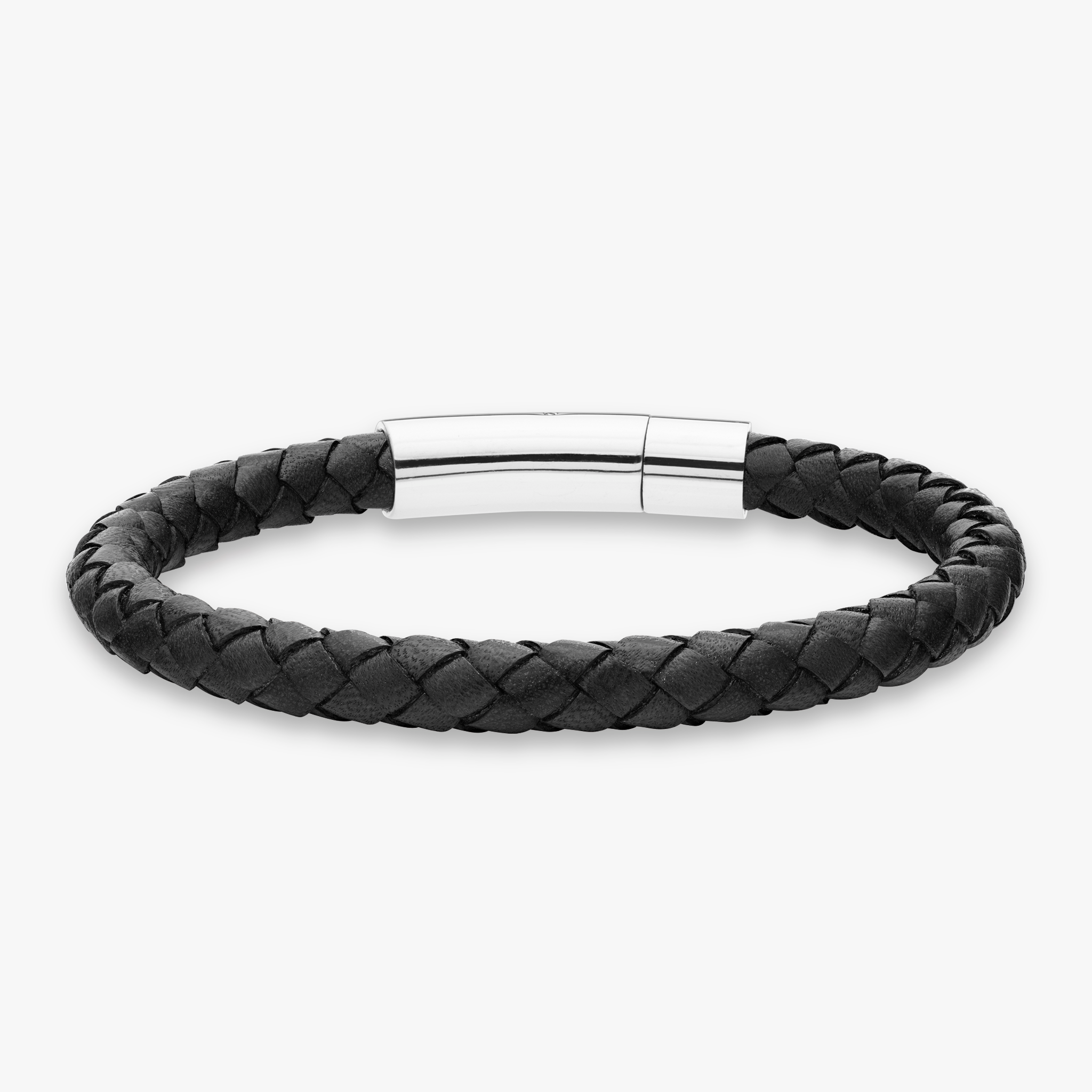 Genuine Italian Braided Black Leather Bracelet With Stainless Steel Clasp, 6mm
