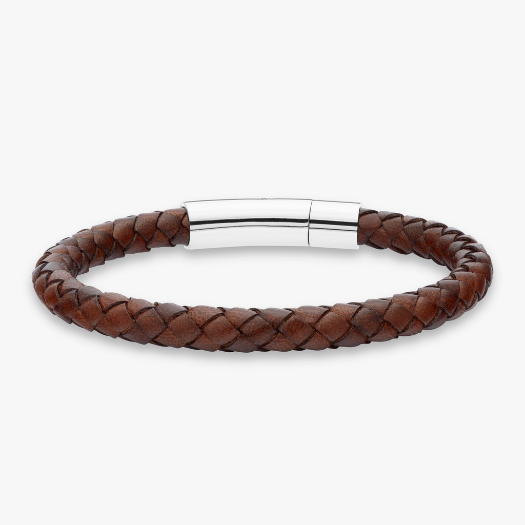 Genuine Italian Braided Brown Leather Bracelet With Stainless Steel Clasp, 6mm