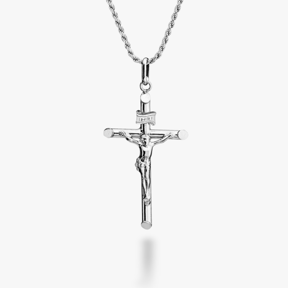 Crucifix Cross Pendant Necklace in Rhodium Plated Sterling Silver, Large