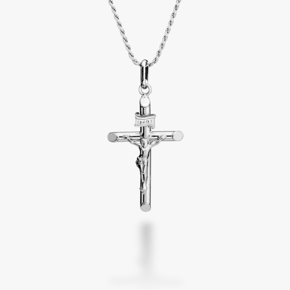 Crucifix Cross Pendant Necklace in Rhodium Plated Sterling Silver, Small