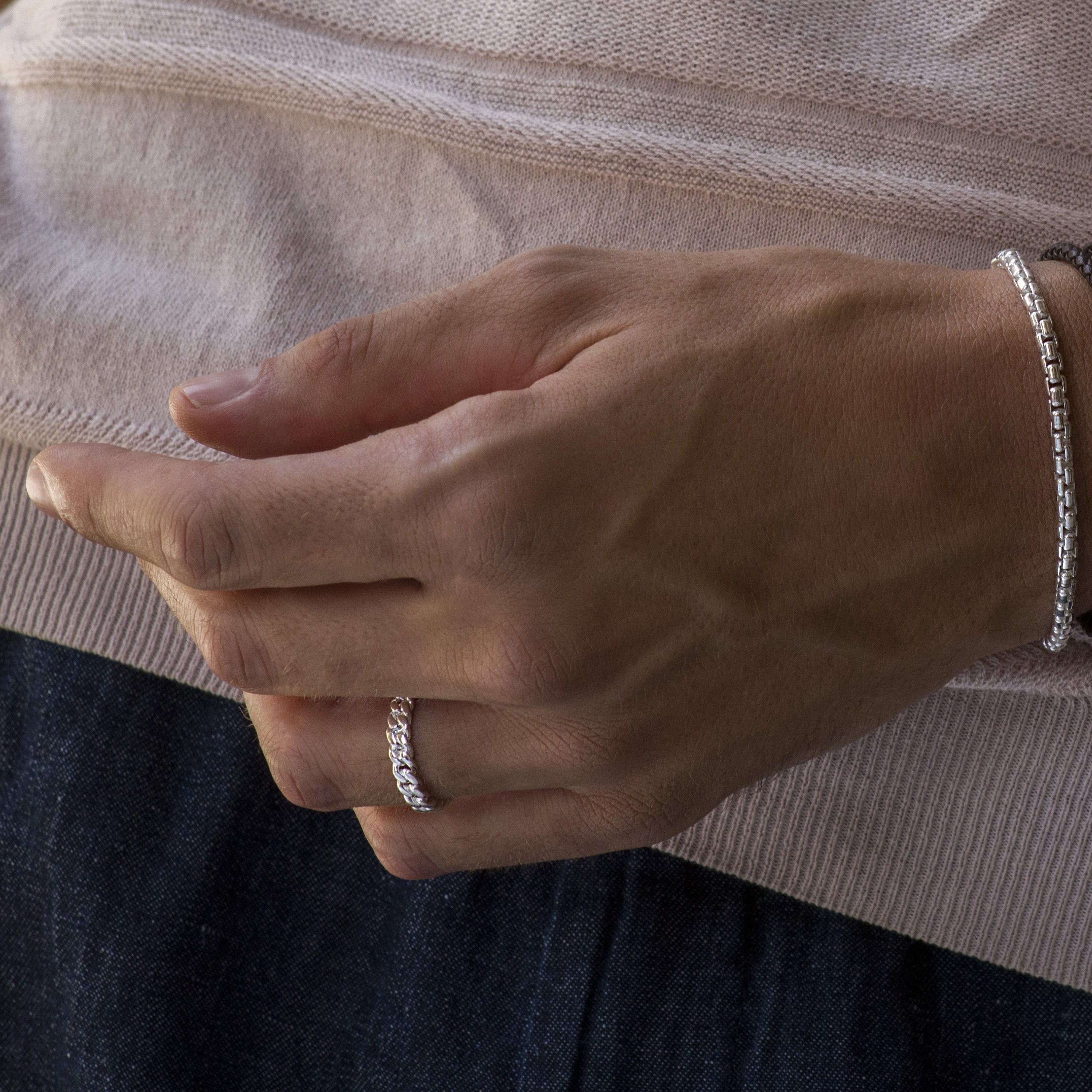 Cuban Link Band Ring in Sterling Silver, 4mm