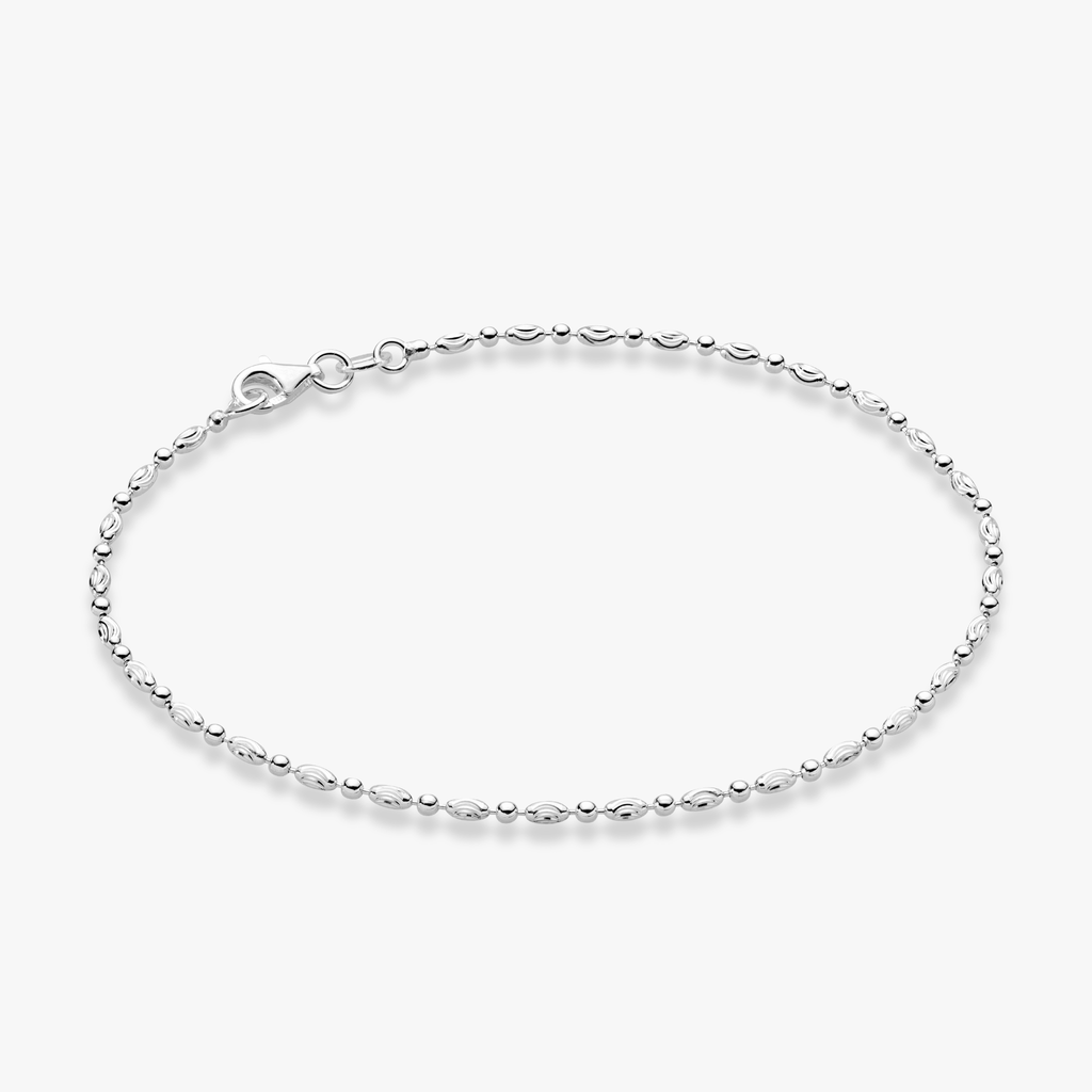 Diamond-Cut Oval and Round Bead Anklet in Sterling Silver