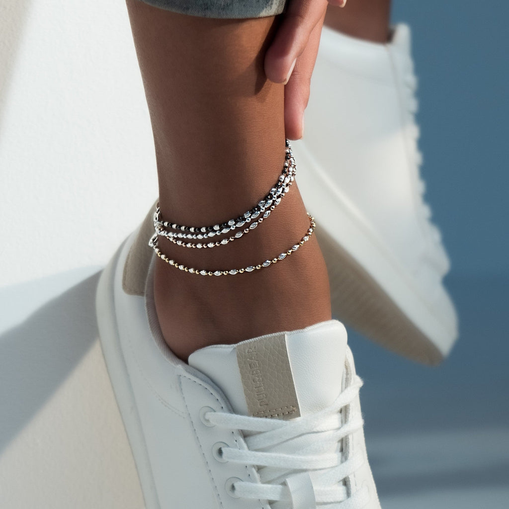 Diamond-Cut Oval and Round Bead Anklet in Sterling Silver