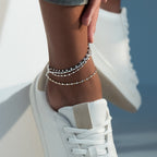Diamond-Cut Oval and Round Bead Anklet in Sterling Silver