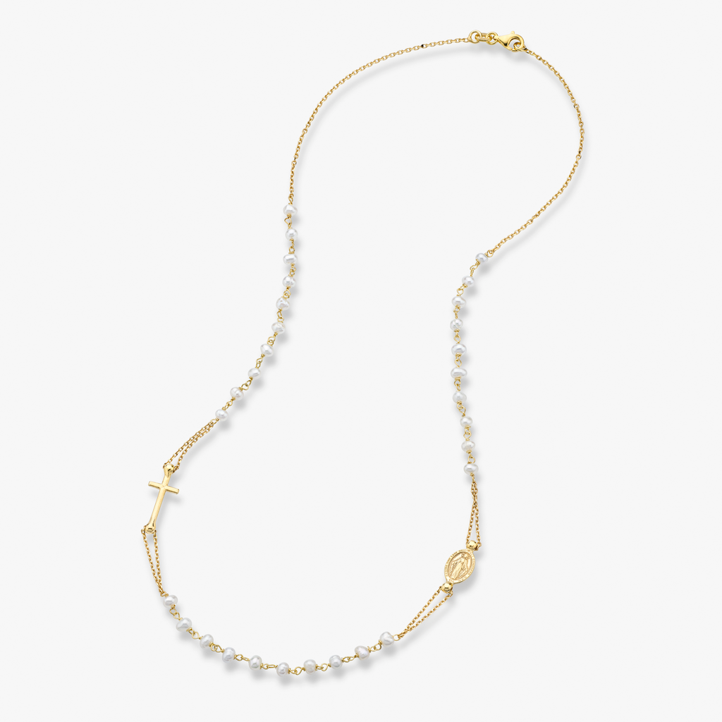 Freshwater Pearl Rosary Beaded Sideways Cross Necklace in 18k Gold Over Sterling Silver