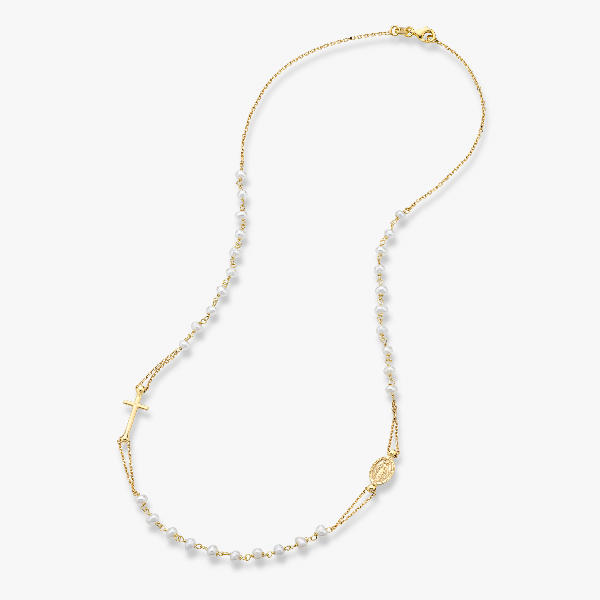 Freshwater Pearl Rosary Beaded Sideways Cross Necklace in 18k Gold Over Sterling Silver