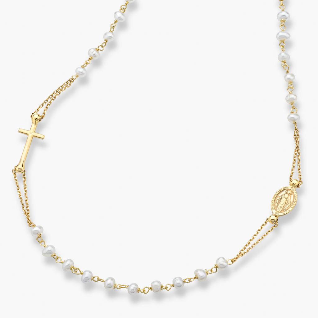 Freshwater Pearl Rosary Beaded Sideways Cross Necklace in 18k Gold Over Sterling Silver