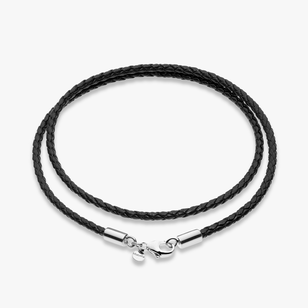 Genuine Braided Leather Cord Necklace with Rhodium Plated Sterling Silver Clasp, 3mm