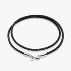 Genuine Braided Leather Cord Necklace with Rhodium Plated Sterling Silver Clasp, 3mm