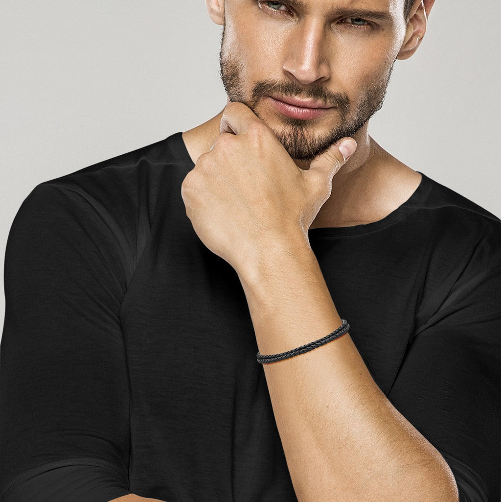 Genuine Italian Double Wrap Braided Black Leather with Stainless Steel Clasp, 3mm