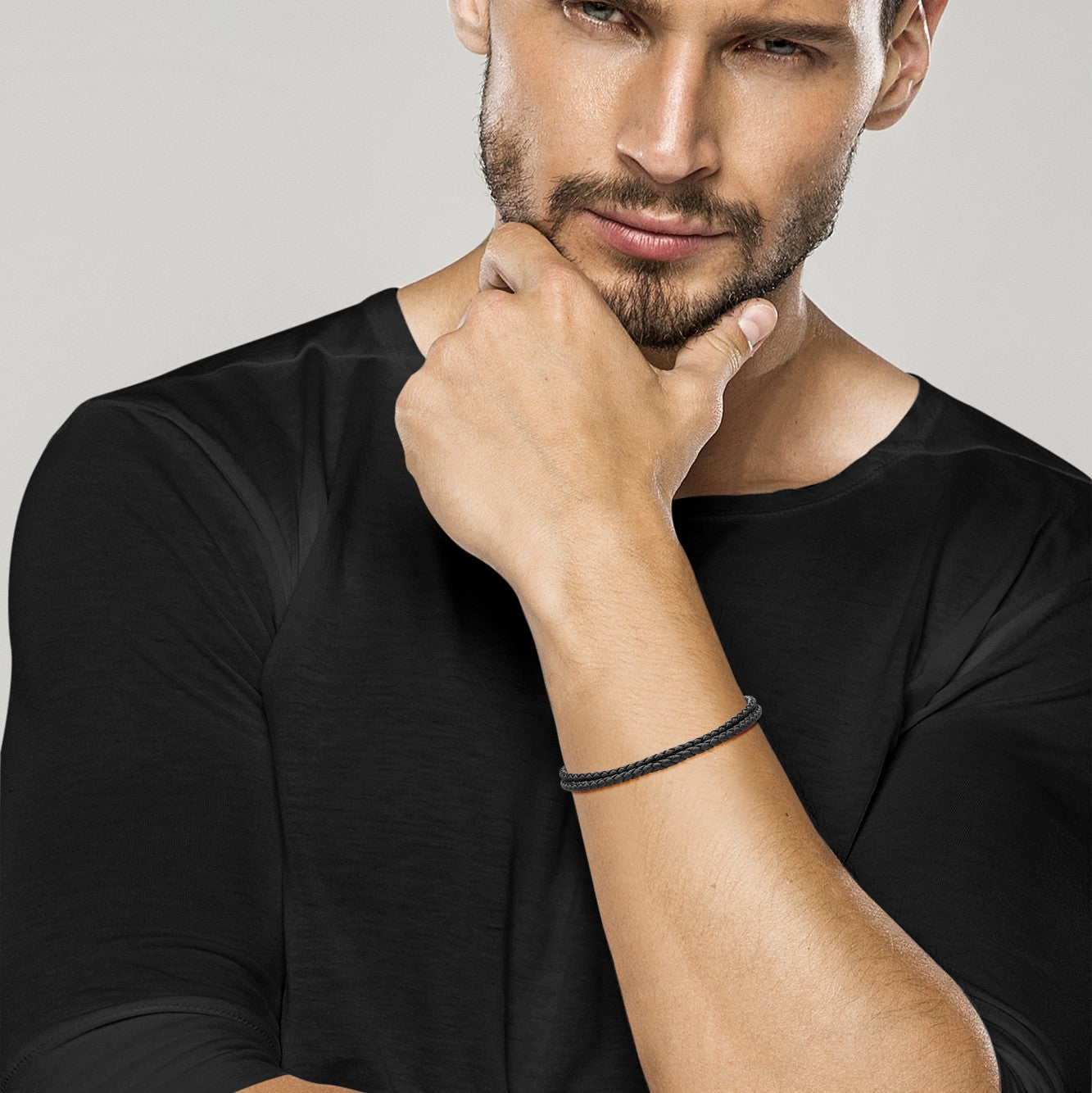 Genuine Italian Double Wrap Braided Black Leather with Stainless Steel Clasp, 3mm