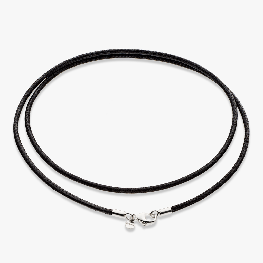 Genuine Black Leather Cord Necklace with Rhodium Plated Sterling Silver Clasp, 2mm