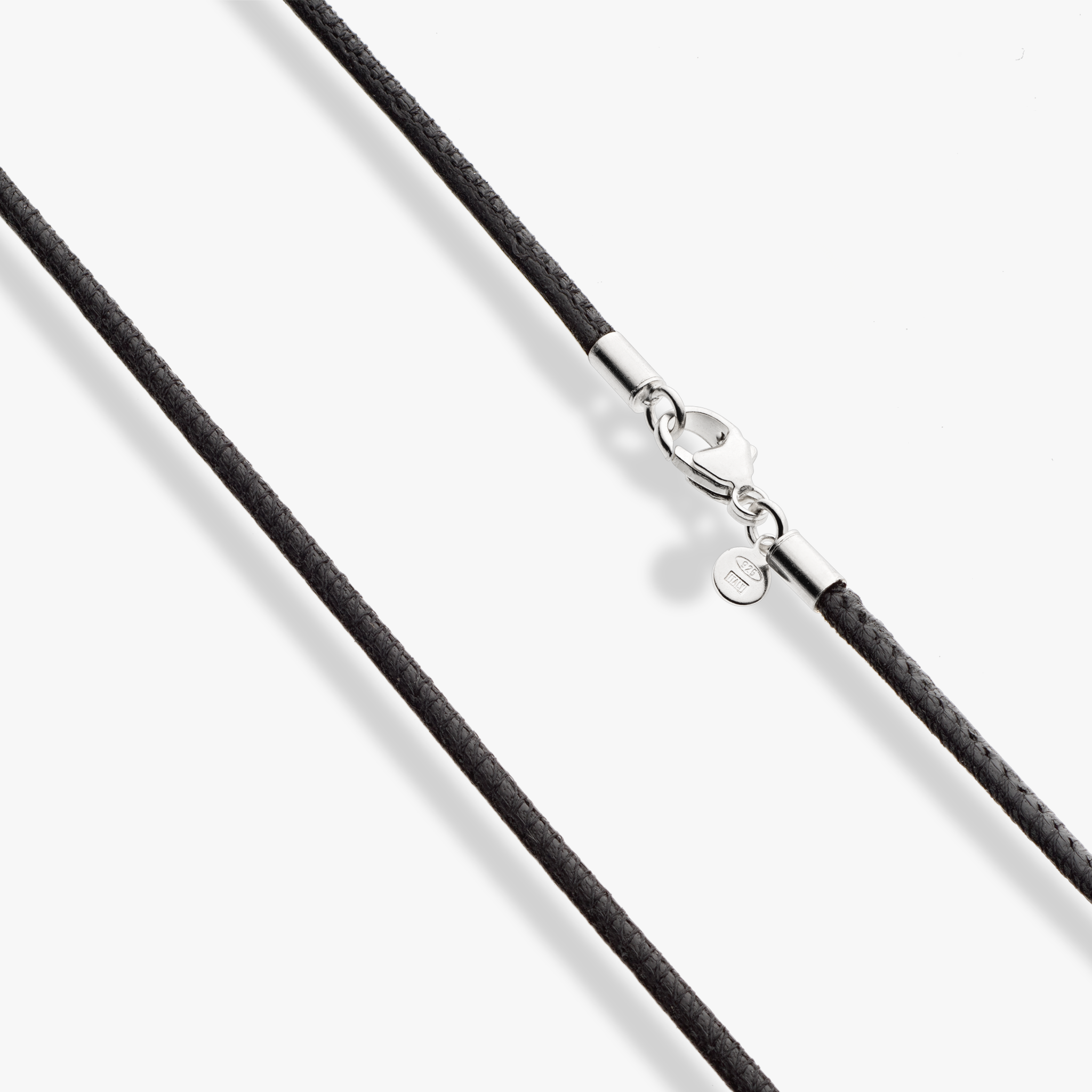 Genuine Black Leather Cord Necklace with Rhodium Plated Sterling Silver Clasp, 2mm