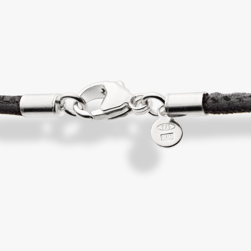Genuine Black Leather Cord Necklace with Rhodium Plated Sterling Silver Clasp, 2mm