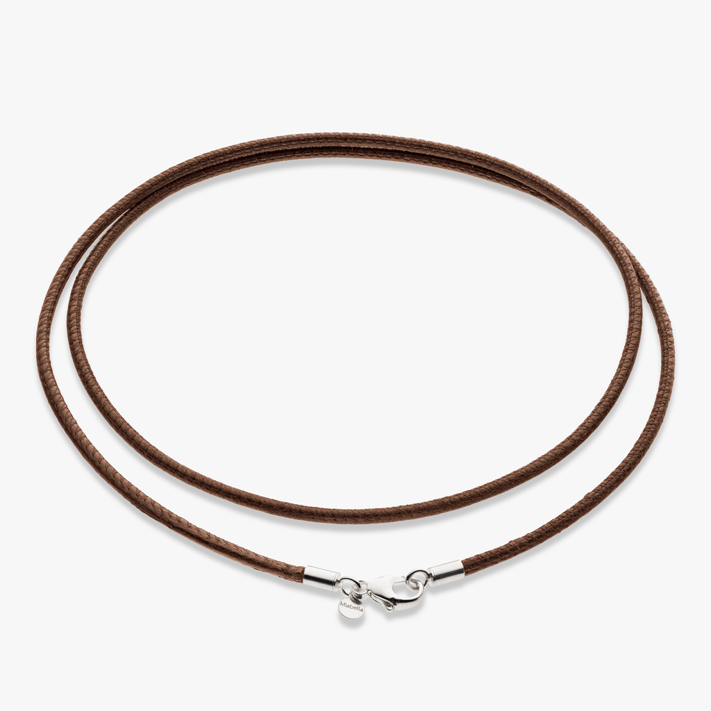 Genuine Brown Leather Cord Necklace with Rhodium Plated Sterling Silver Clasp, 2mm