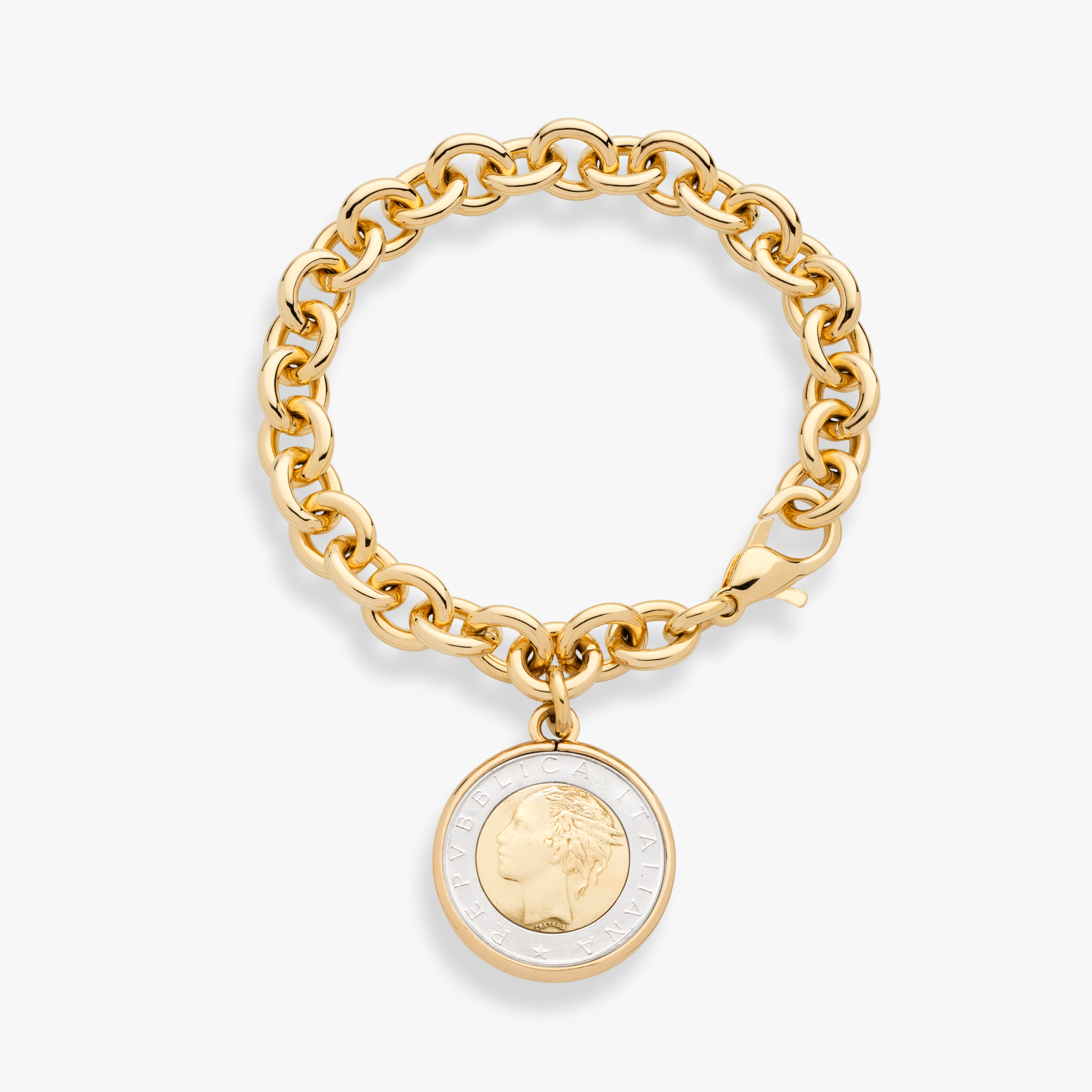 Italian Original 500-Lira Coin Charm Rolo Bracelet in 18k Gold Plated Bronze