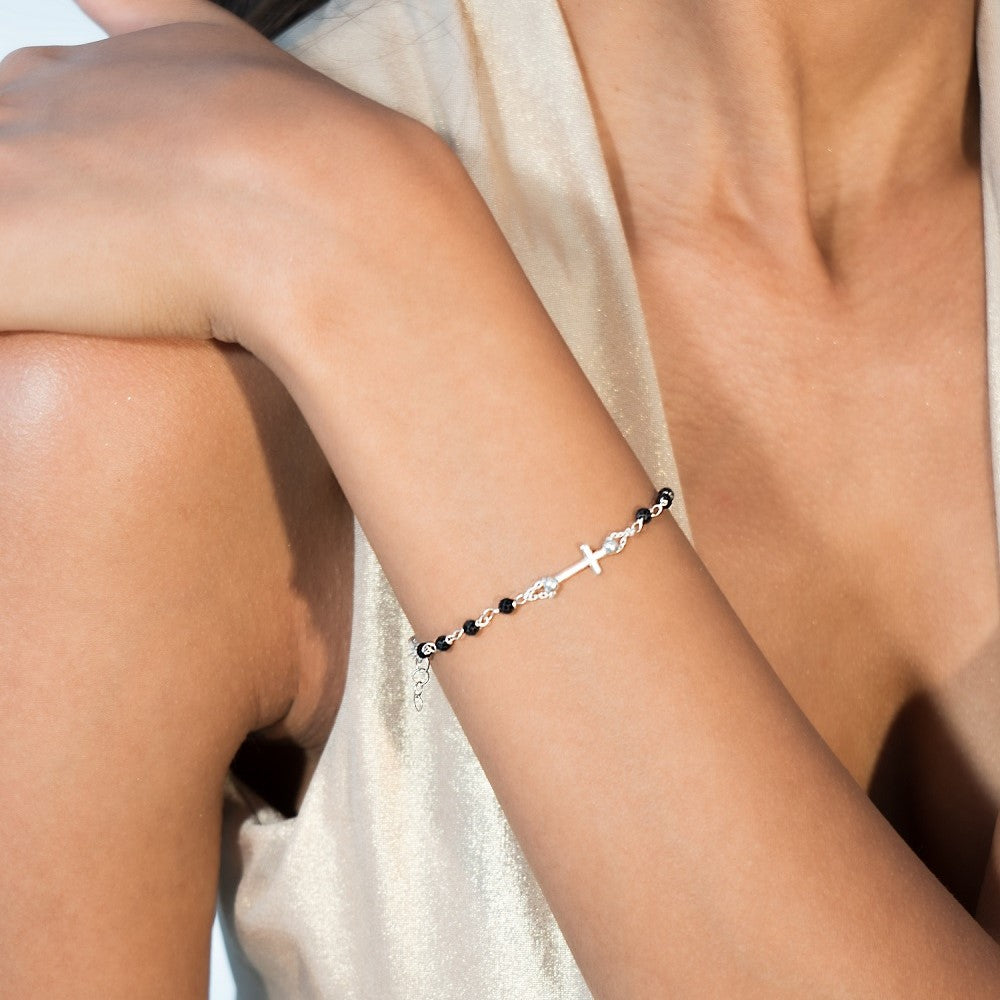 Natural Black Spinel Rosary Adjustable Bracelet in Sterling Silver