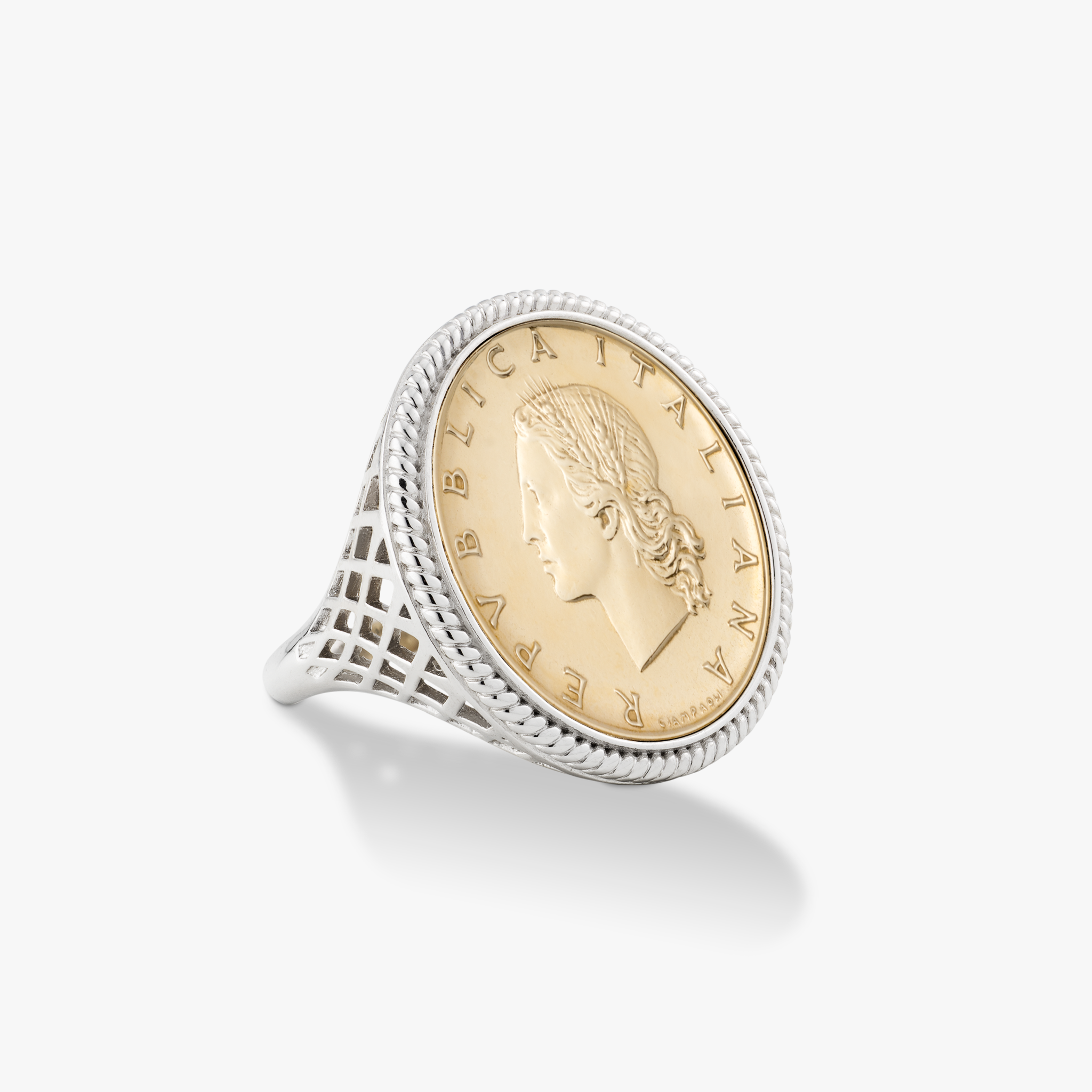 Original Italian 20 Lira Coin Rope Ring in Rhodium Plated Sterling Silver
