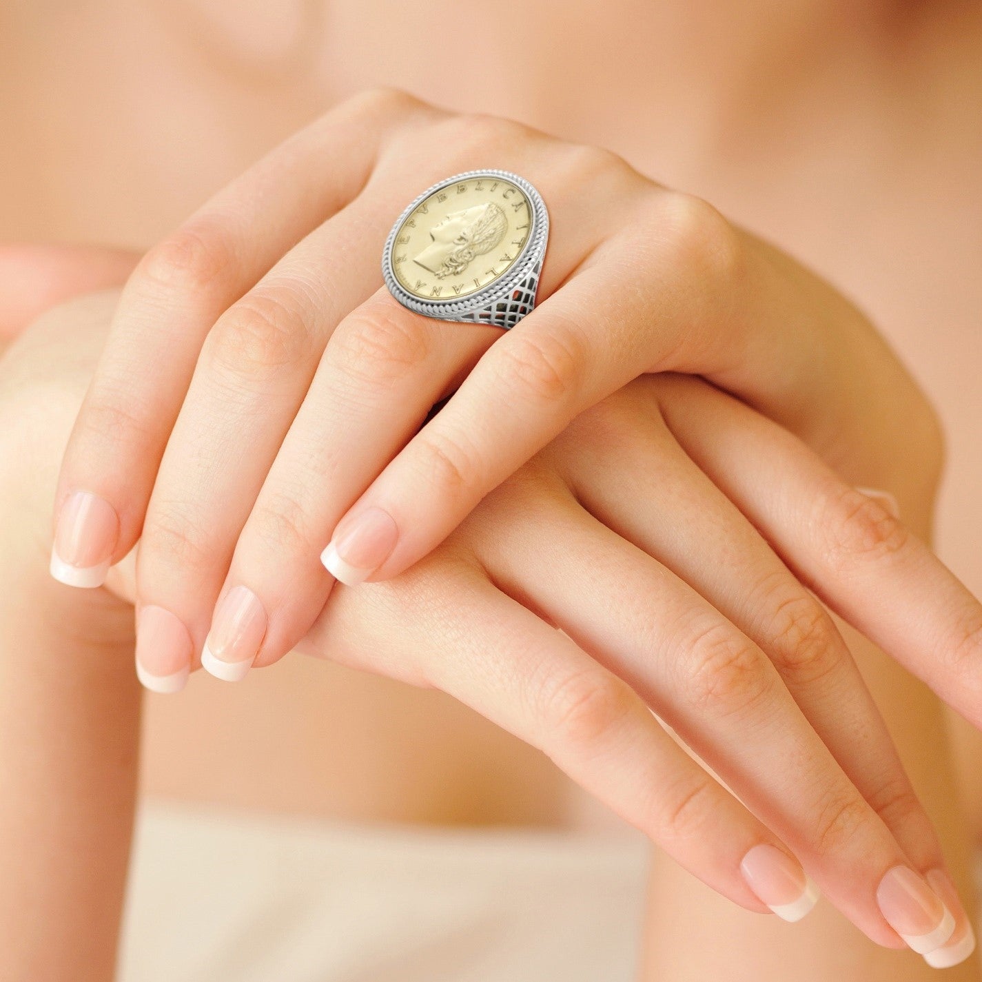 Original Italian 20 Lira Coin Rope Ring in Rhodium Plated Sterling Silver