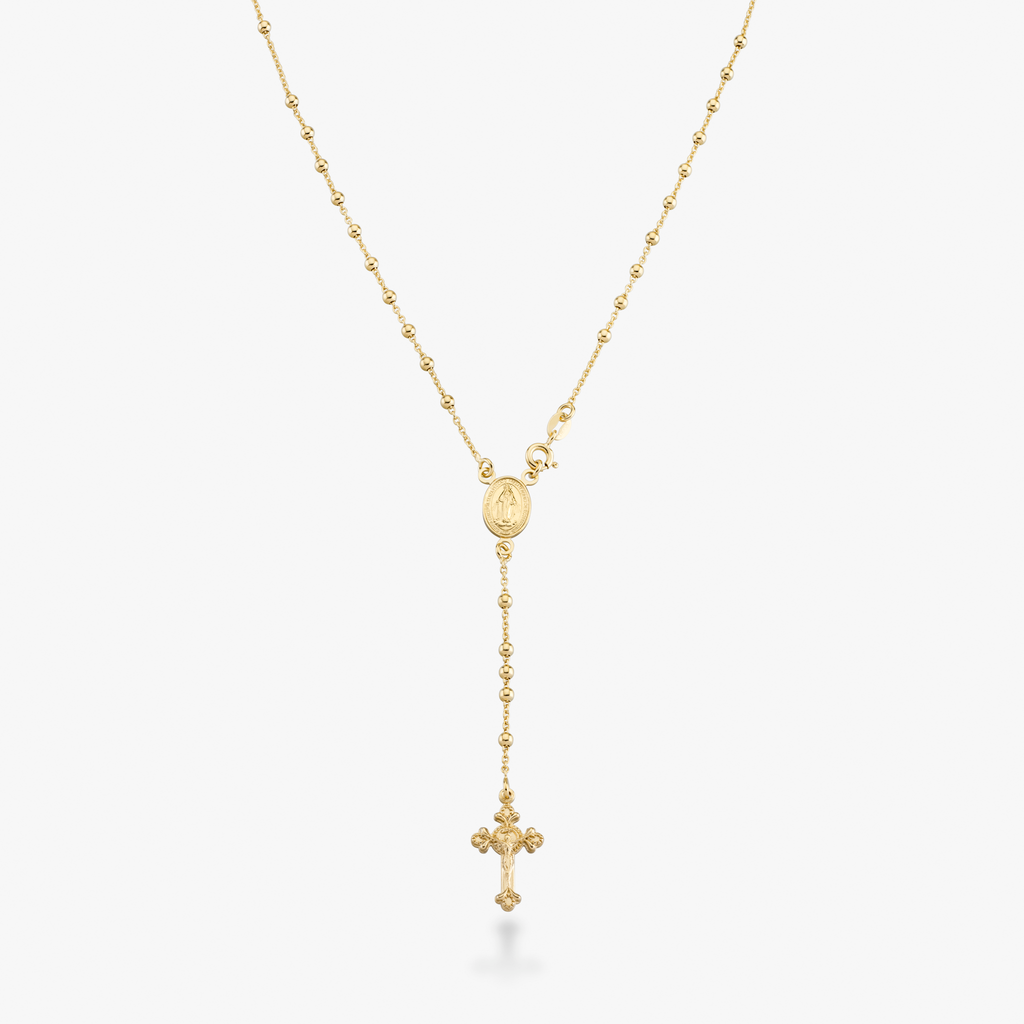 Rosary Beaded Cross Y Necklace in 18k gold over sterling silver