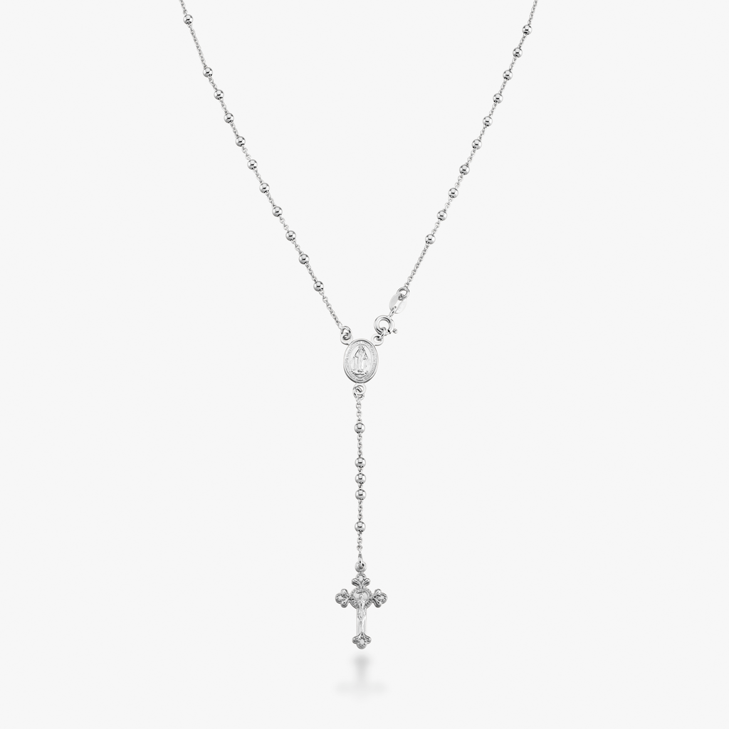 Rosary Beaded Cross Y Necklace in Sterling Silver