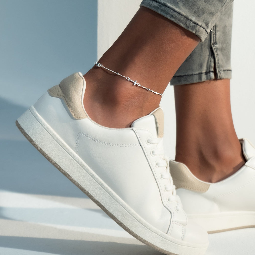 Rosary Cross Bead Anklet in Sterling Silver