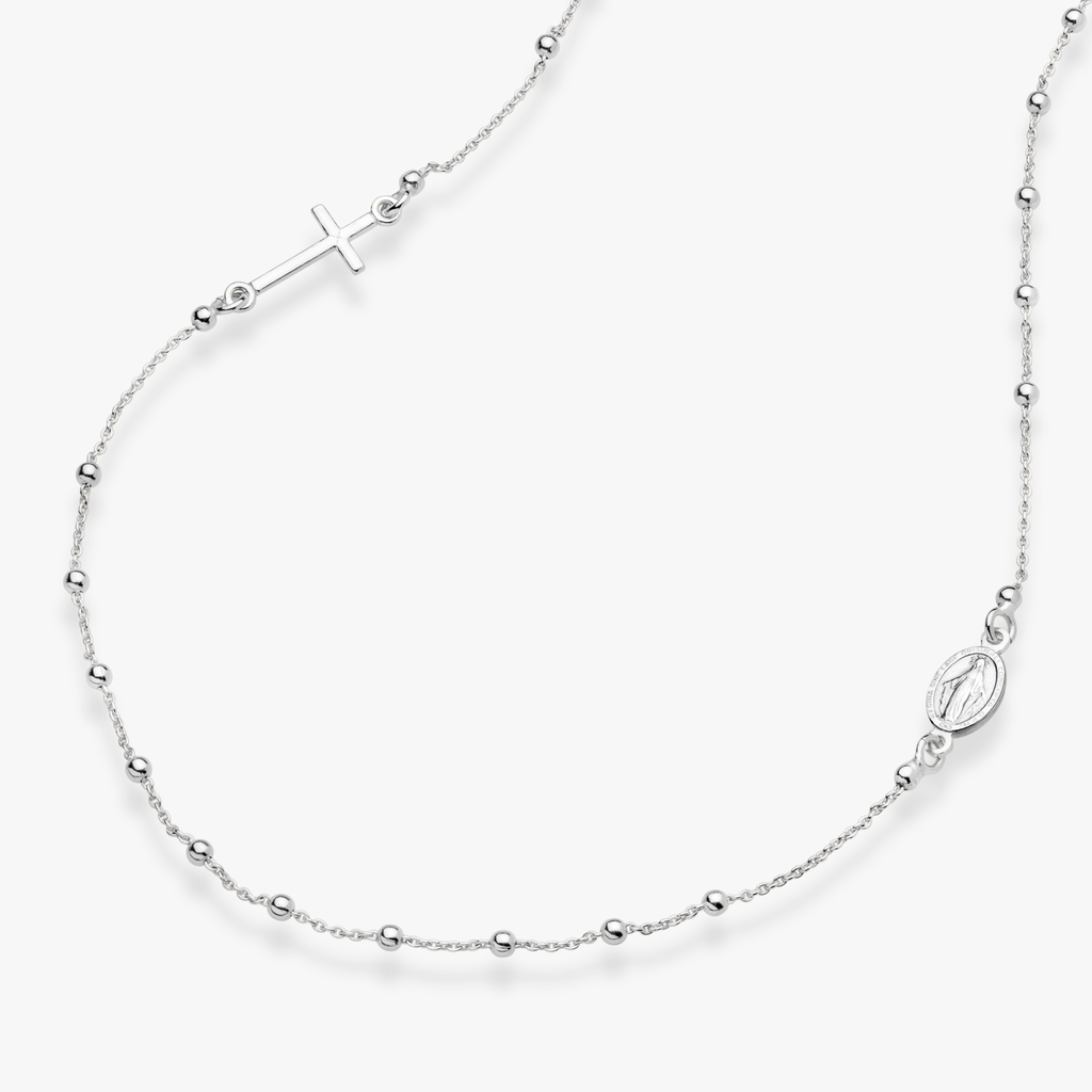 Rosary Sideways Cross Necklace in Sterling Silver