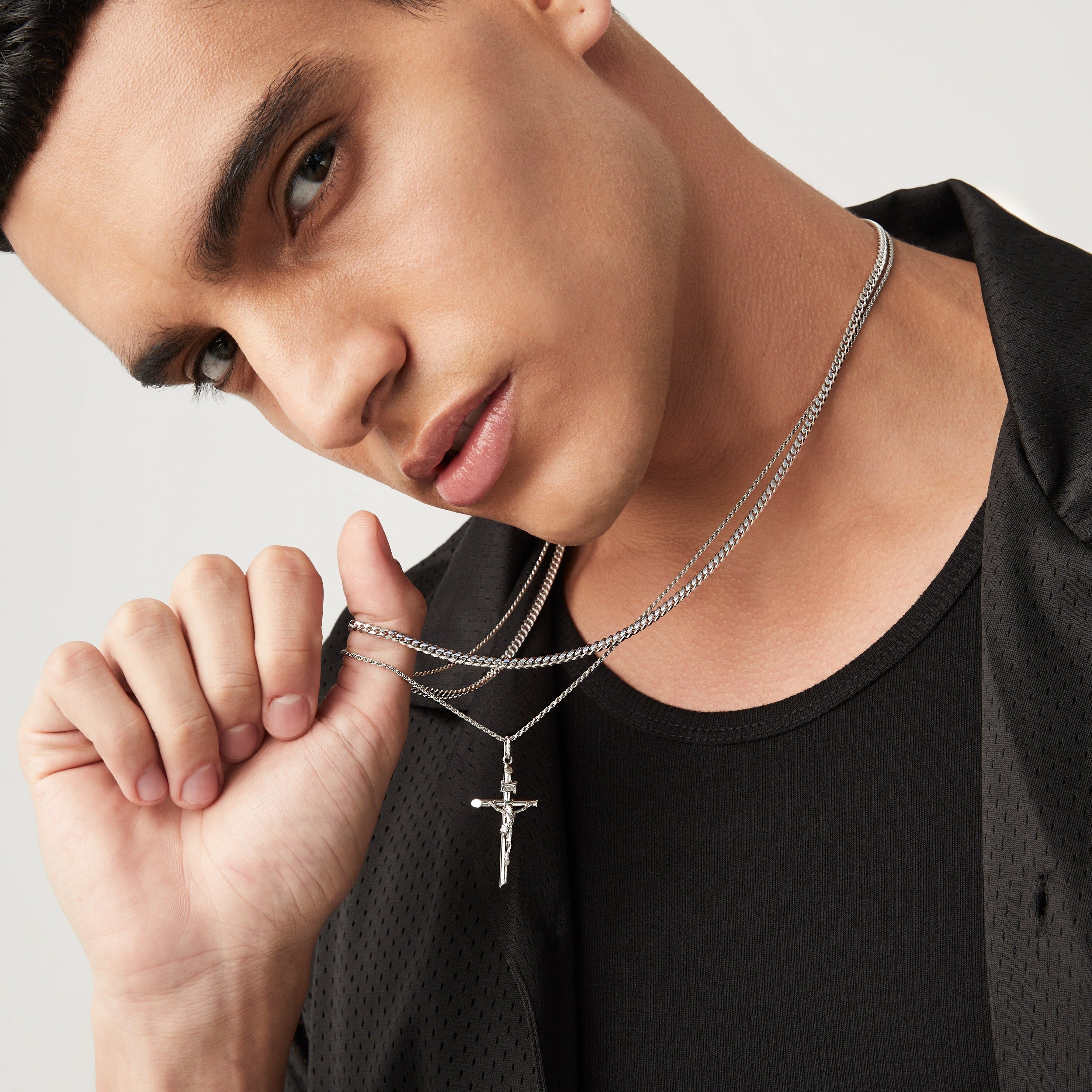 Crucifix Cross Pendant Necklace in Rhodium Plated Sterling Silver, Large