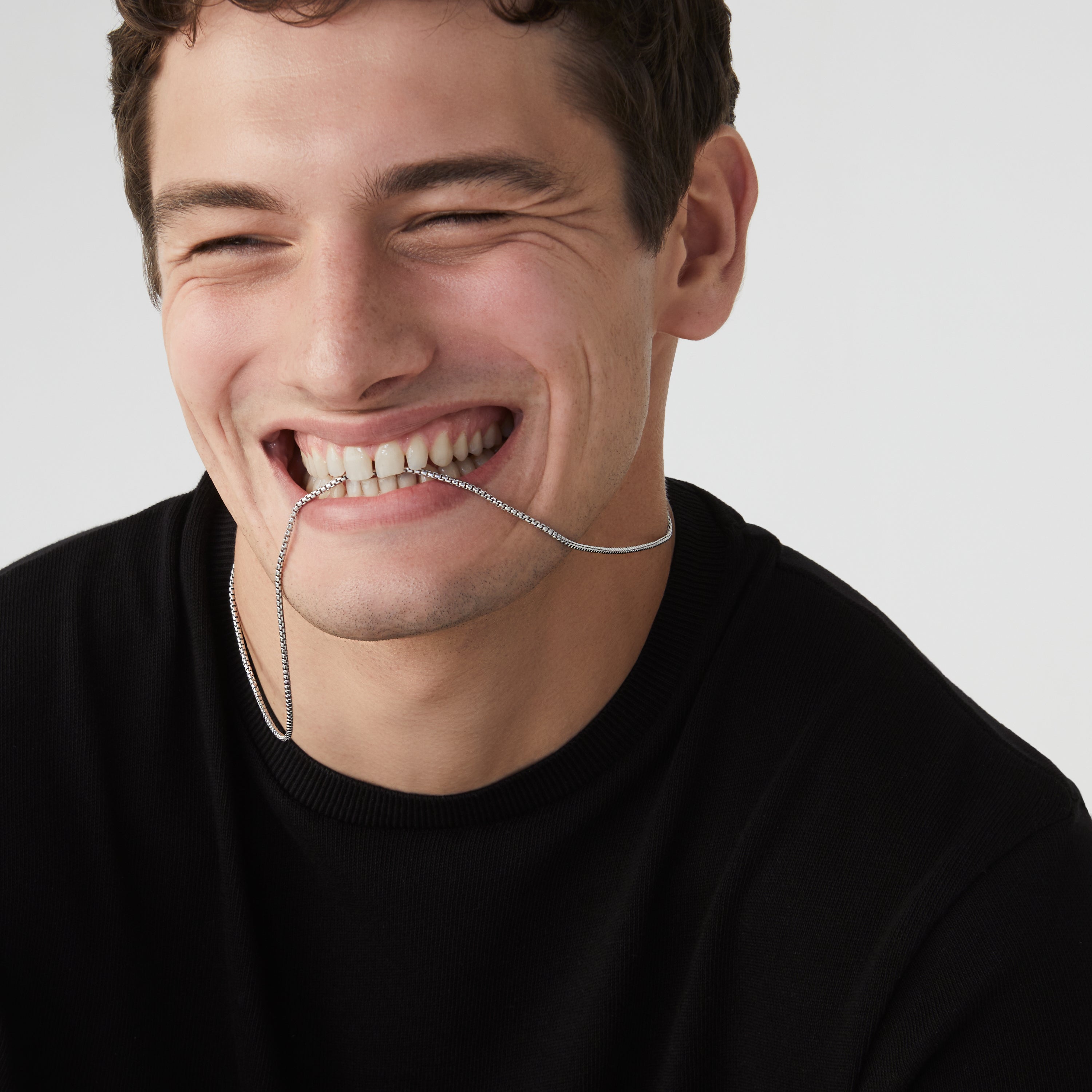 Round Box Chain Necklace in Rhodium Plated Sterling Silver, 2mm