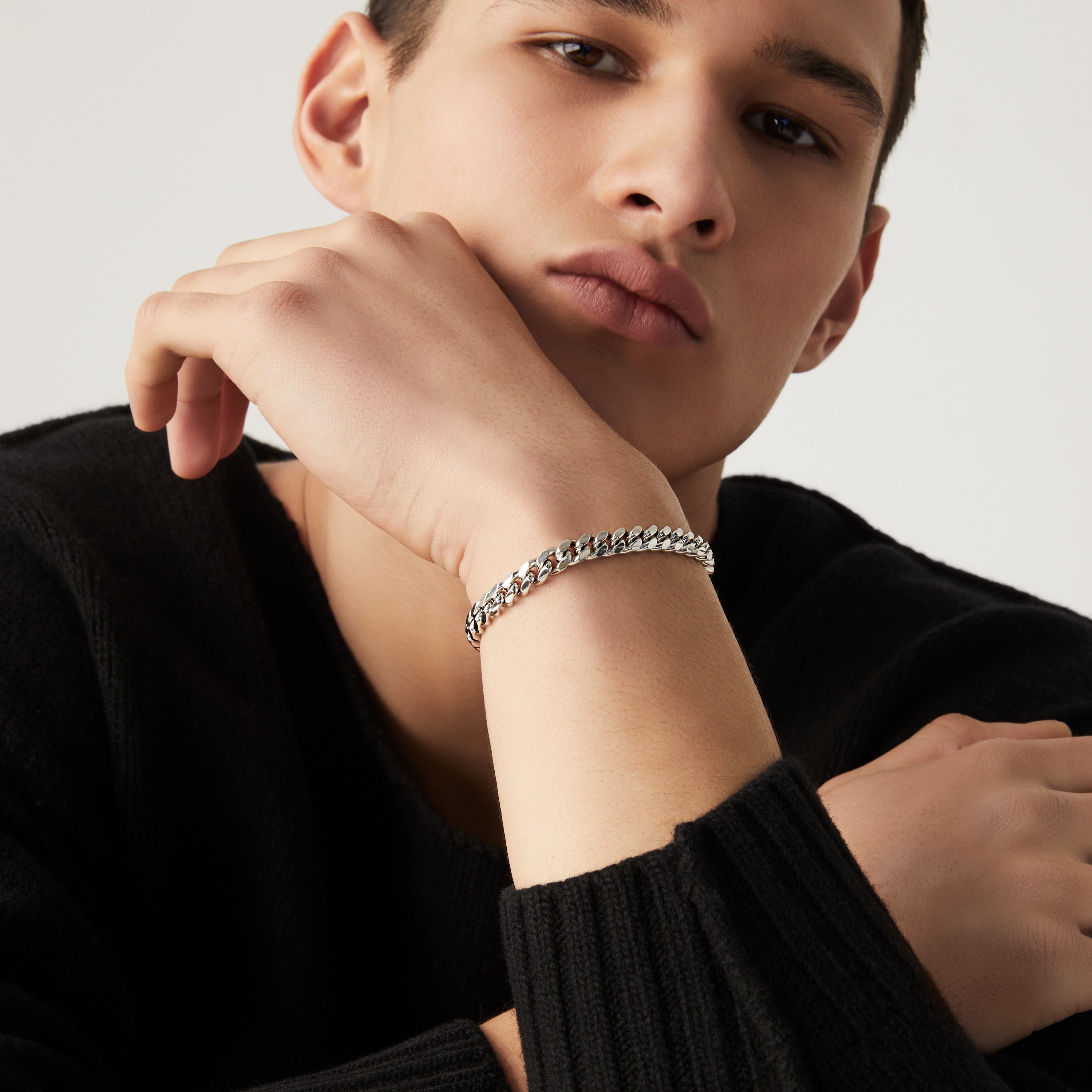 Thick Cuban Link Chain Bracelet in Rhodium Plated Sterling Silver, 7mm