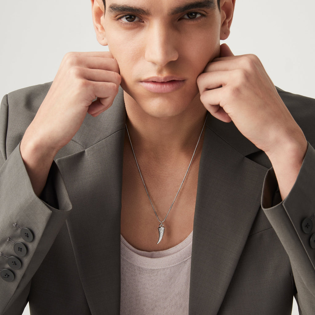 Braided Rope Italian Horn Pendant Necklace in Rhodium Plated Sterling Silver