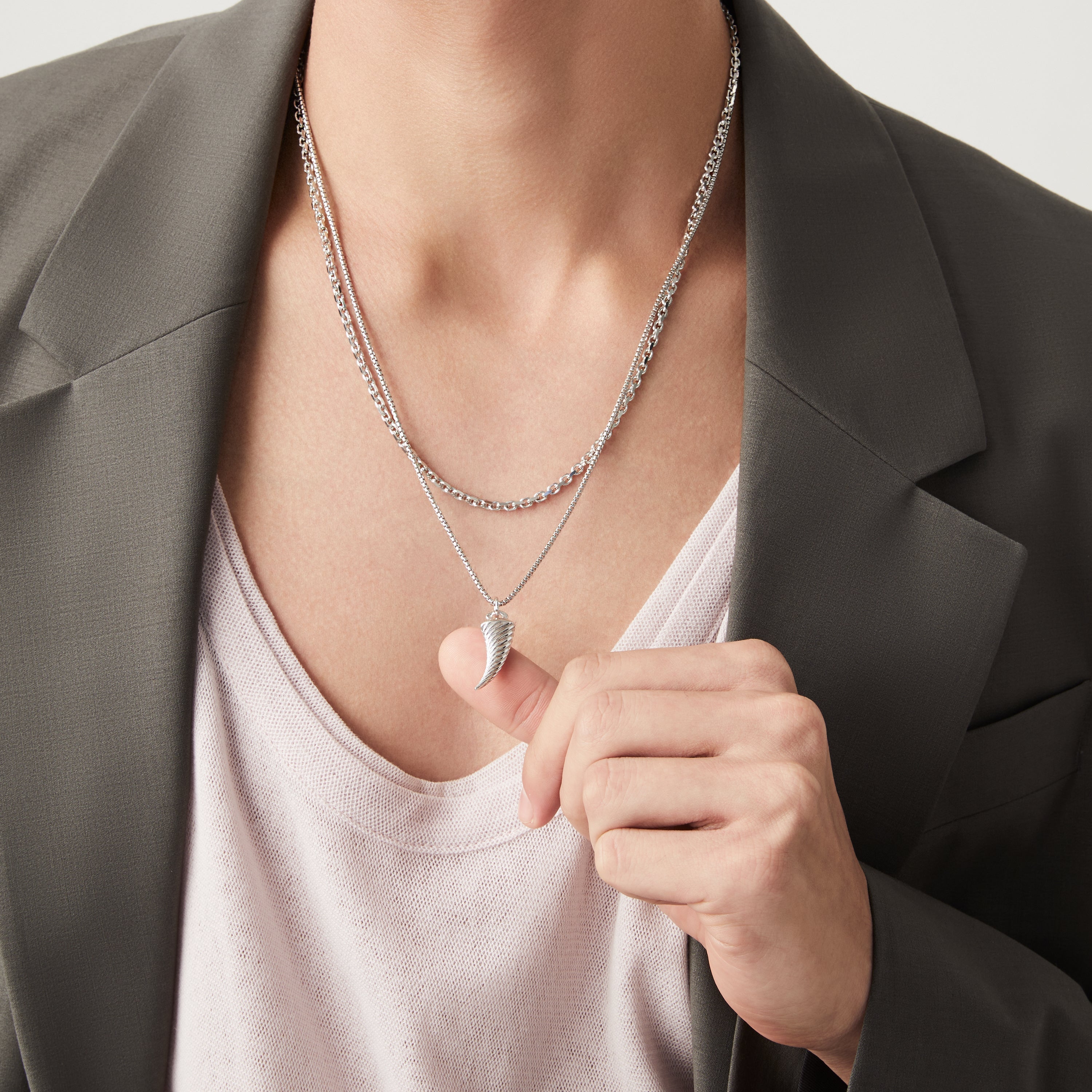 Braided Rope Italian Horn Pendant Necklace in Rhodium Plated Sterling Silver