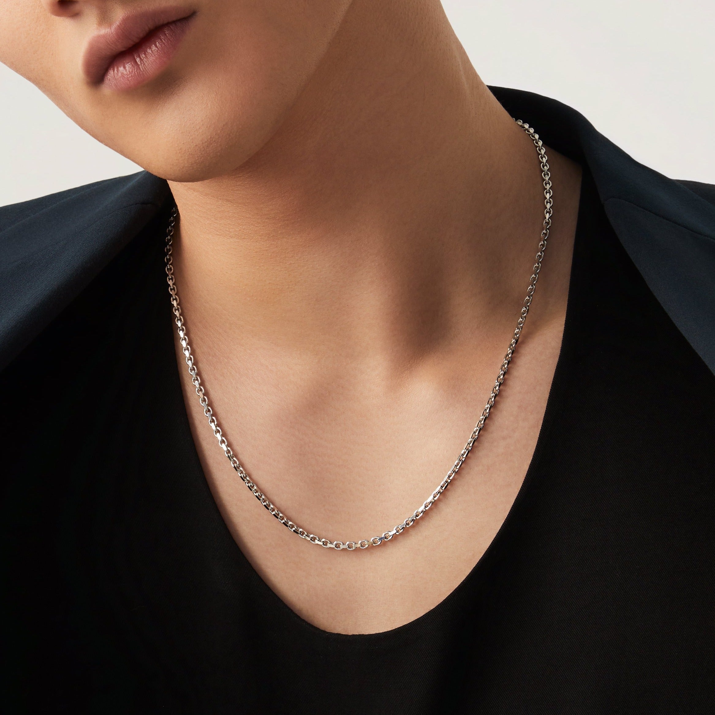 Open Box Chain Necklace in Rhodium Plated Sterling Silver, 3mm