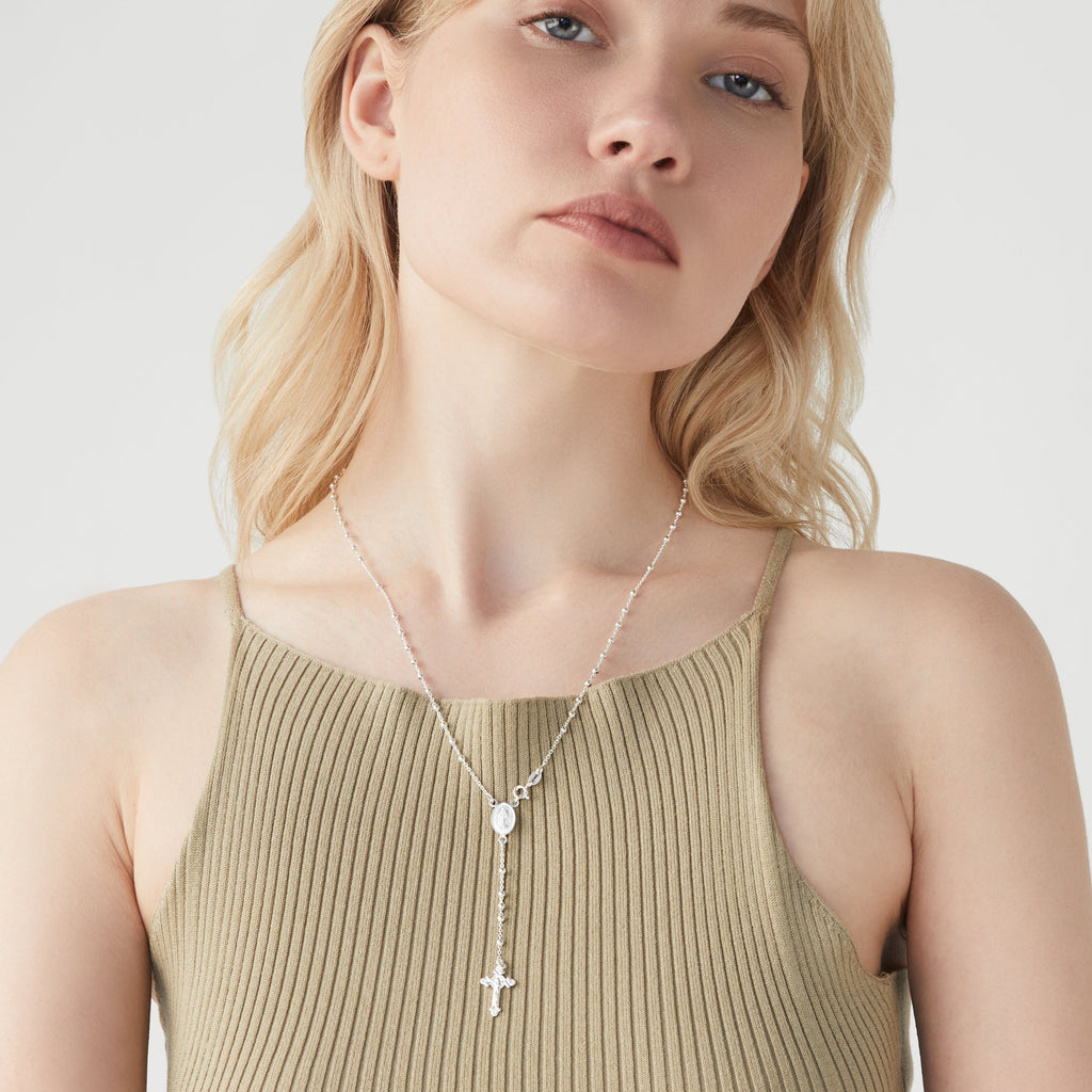 Rosary Beaded Cross Y Necklace in Sterling Silver