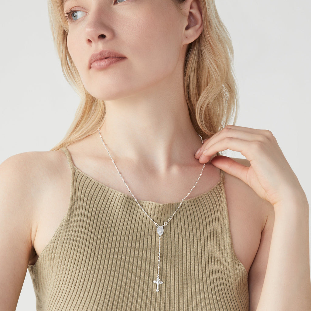 Rosary Beaded Cross Y Necklace in Sterling Silver