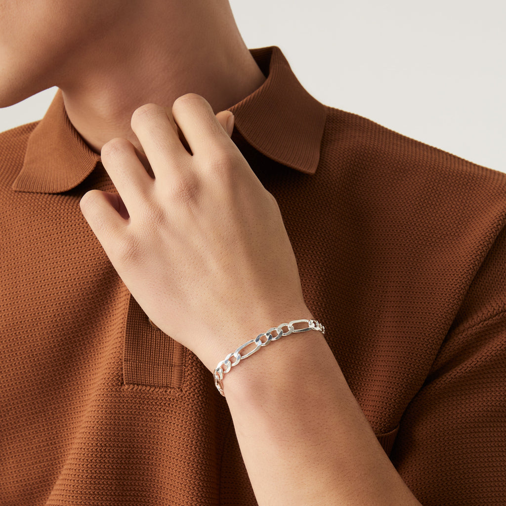 Figaro Chain Bracelet in Sterling Silver, 7mm