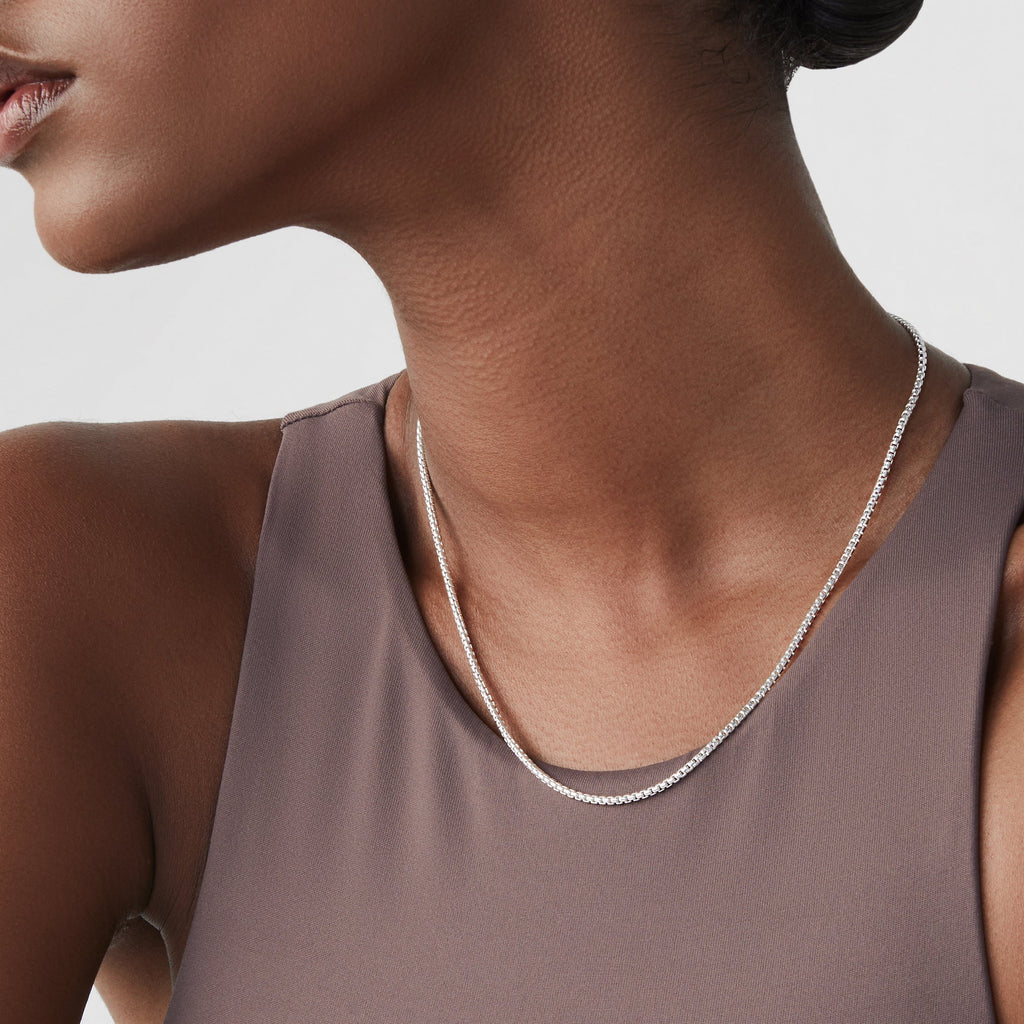 Round Box Chain Necklace in Sterling Silver, 2mm