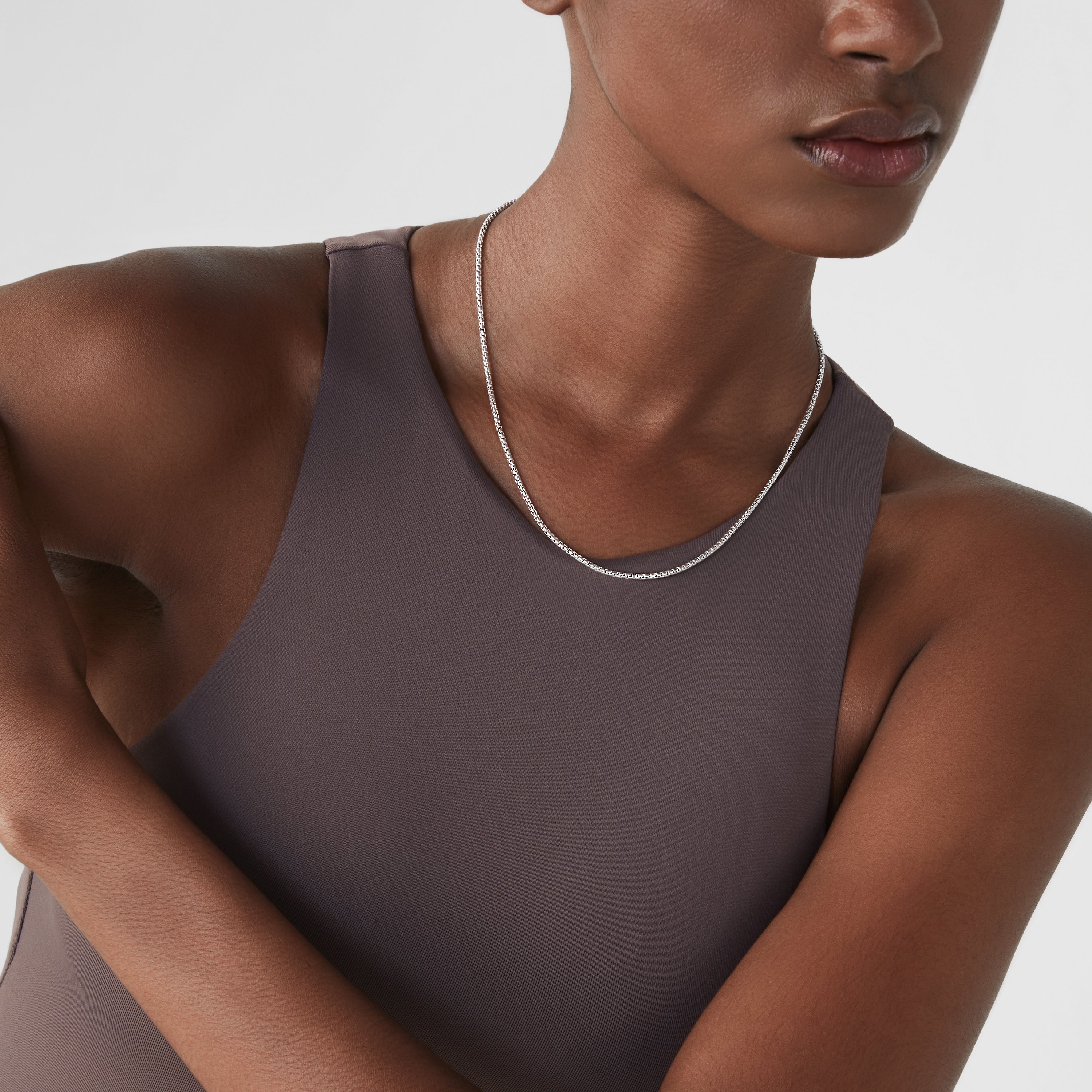 Round Box Chain Necklace in Sterling Silver, 2mm