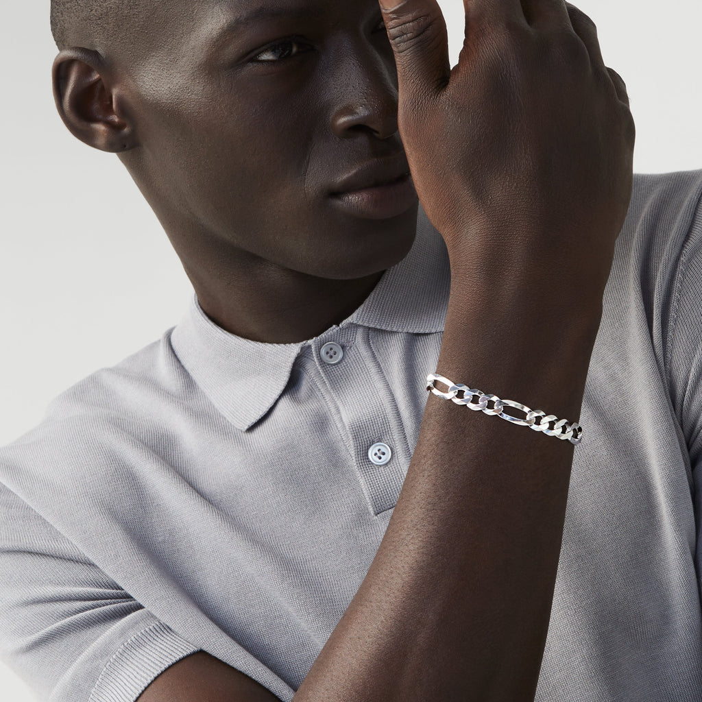 Figaro Chain Bracelet in Sterling Silver, 9mm