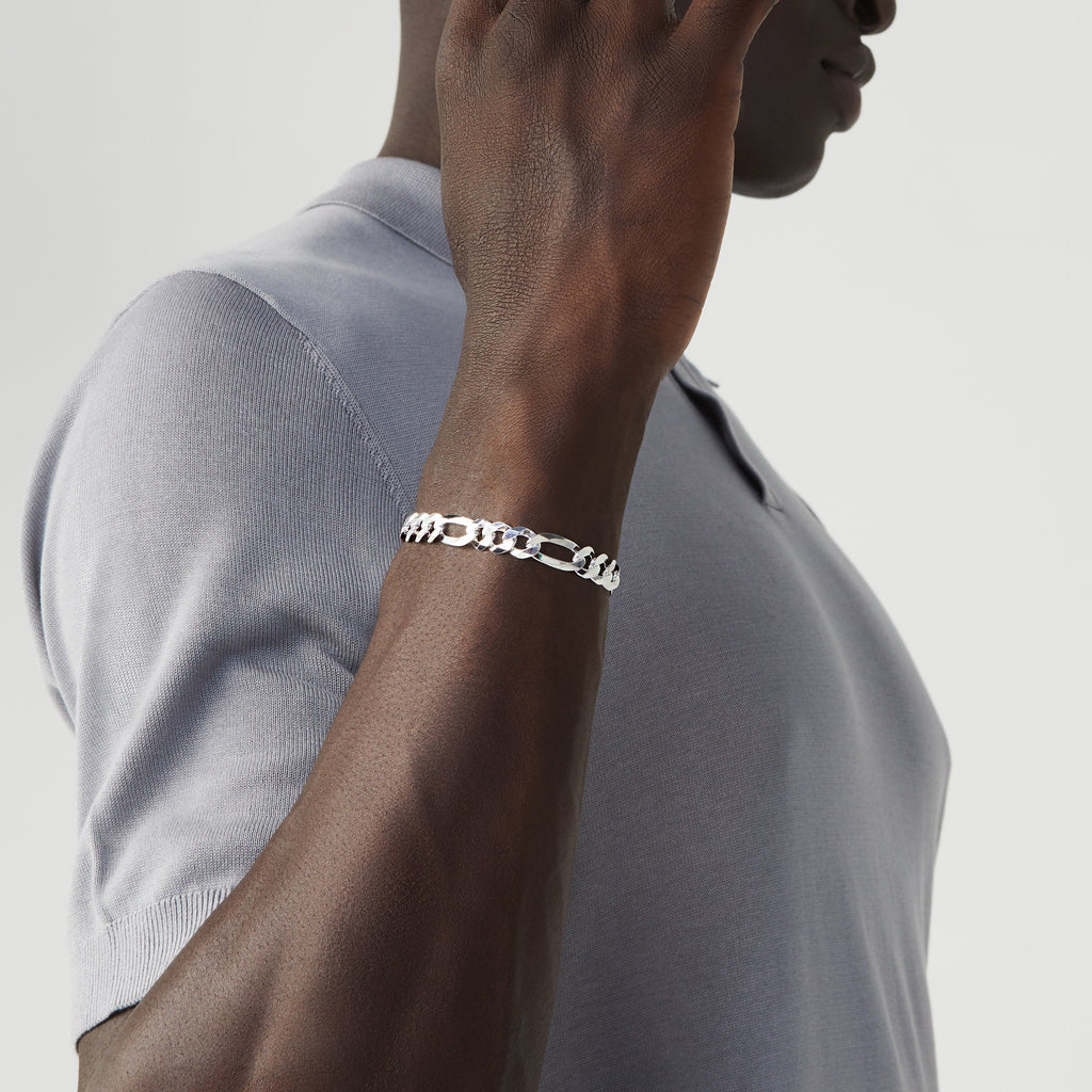 Figaro Chain Bracelet in Sterling Silver, 9mm