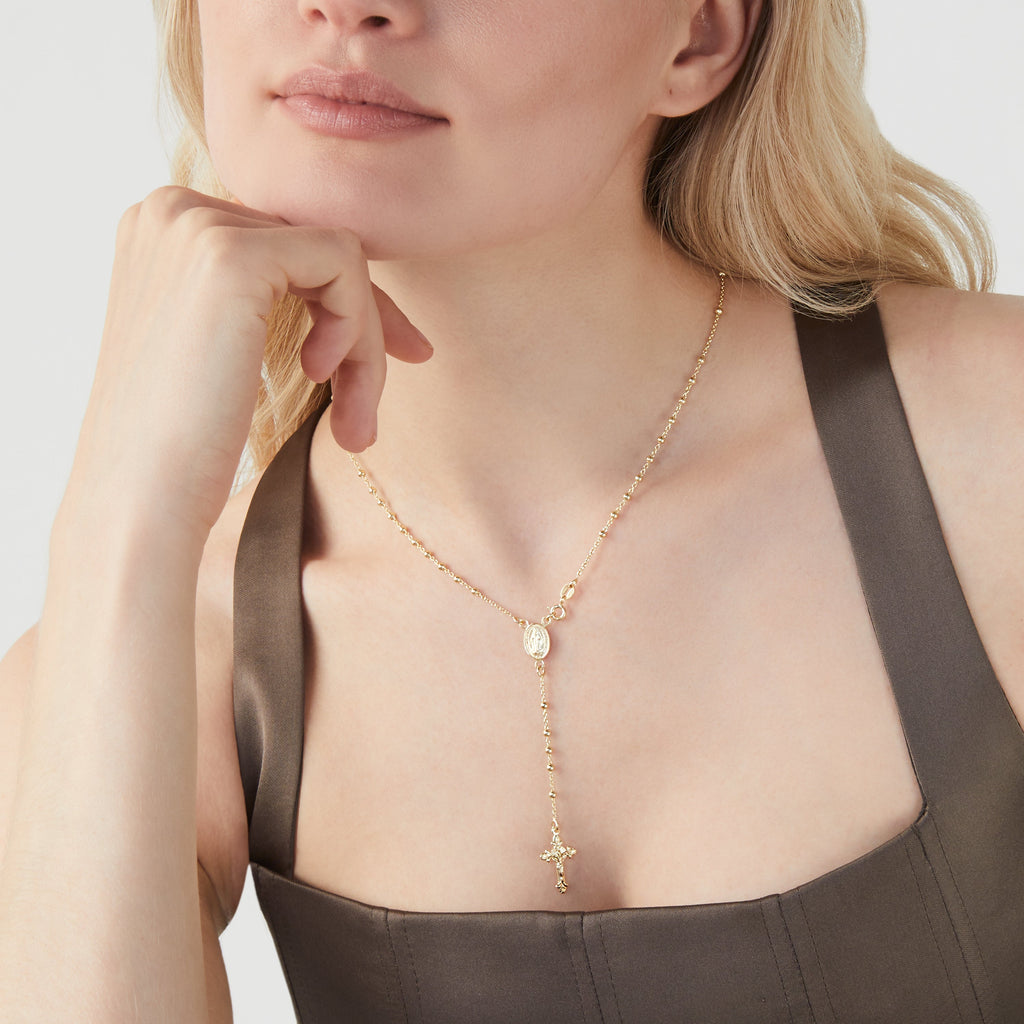 Rosary Beaded Cross Y Necklace in 18k gold over sterling silver